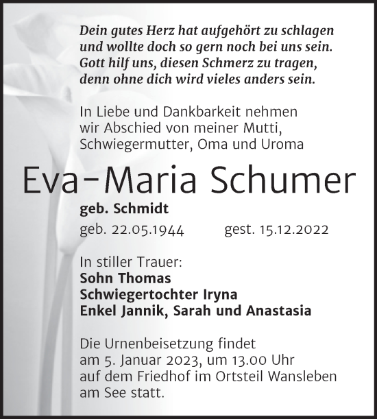 Traueranzeige von Eva-Maria Schumer von Mitteldeutsche Zeitung Halle/Saalkreis