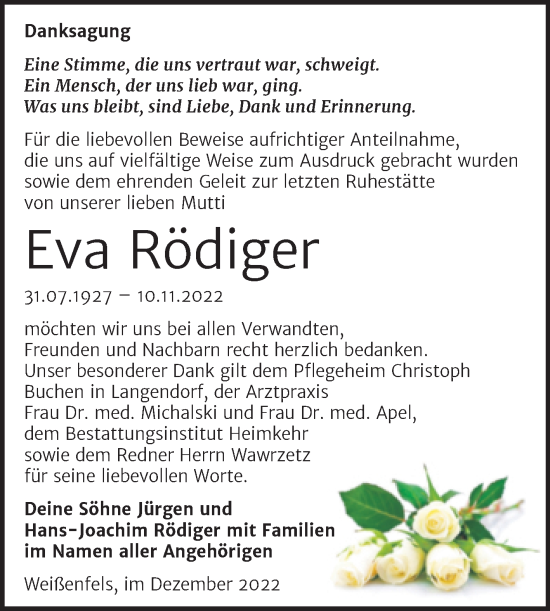 Traueranzeige von Eva Rödiger von Trauerkombi Weißenfels