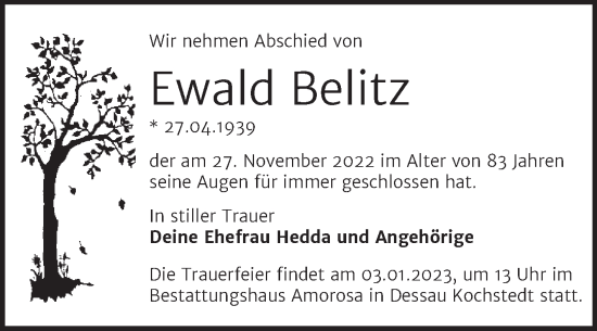 Traueranzeige von Ewald Belitz von Trauerkombi Dessau