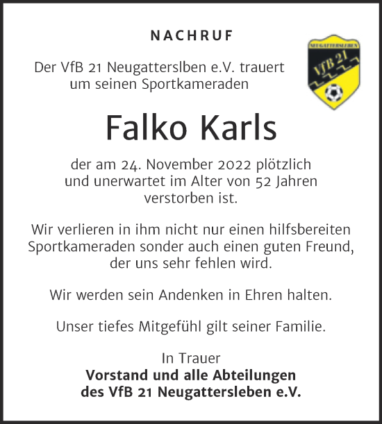 Traueranzeige von Falko Karls von Trauerkombi Bernburg