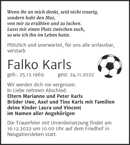 Traueranzeige von Falko Karls von Trauerkombi Bernburg