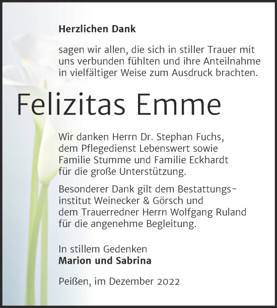 Traueranzeige von Felizitas Emme von Trauerkombi Bernburg