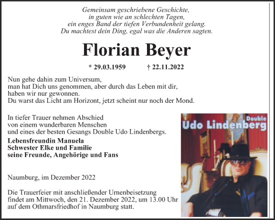 Traueranzeige von Florian Beyer von Wochenspiegel Naumburg/Nebra