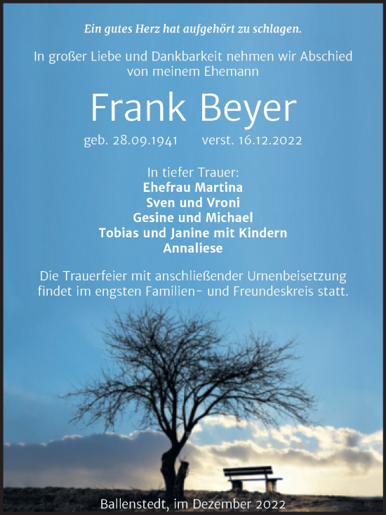 Traueranzeige von Frank Beyer von Trauerkombi Quedlinburg