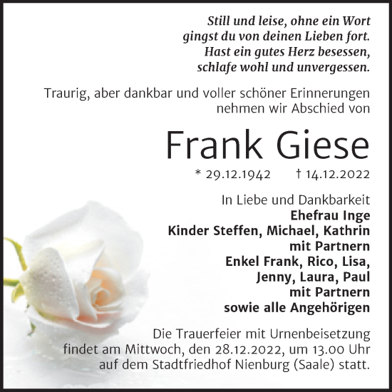 Traueranzeige von Frank Giese von Trauerkombi Bernburg