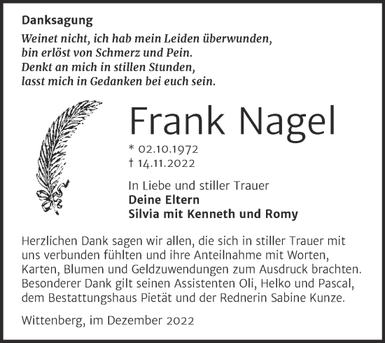 Traueranzeige von Frank Nagel von Trauerkombi Wittenberg
