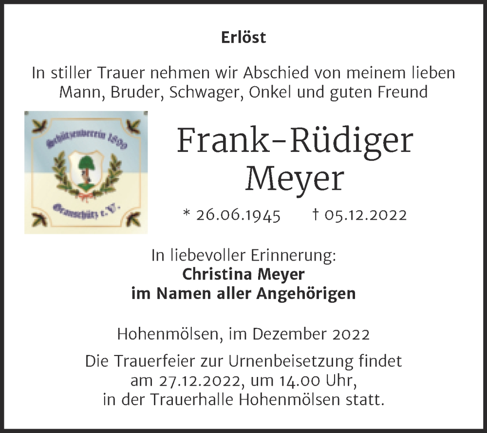  Traueranzeige für Frank-Rüdiger Meyer vom 14.12.2022 aus Trauerkombi Weißenfels