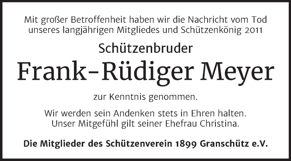  Traueranzeige für Frank-Rüdiger Meyer vom 21.12.2022 aus Trauerkombi Weißenfels