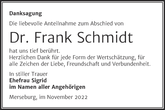 Traueranzeige von Frank Schmidt von Trauerkombi Merseburg