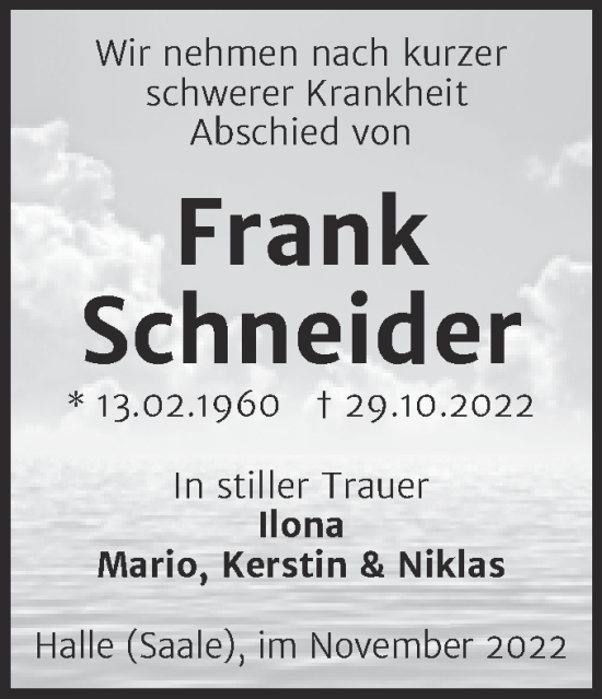 Traueranzeige von Frank Schneider von Mitteldeutsche Zeitung Halle/Saalkreis