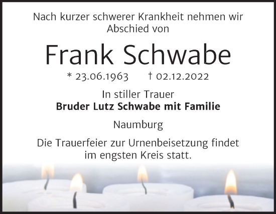 Traueranzeige von Frank Schwabe von Wochenspiegel Naumburg/Nebra