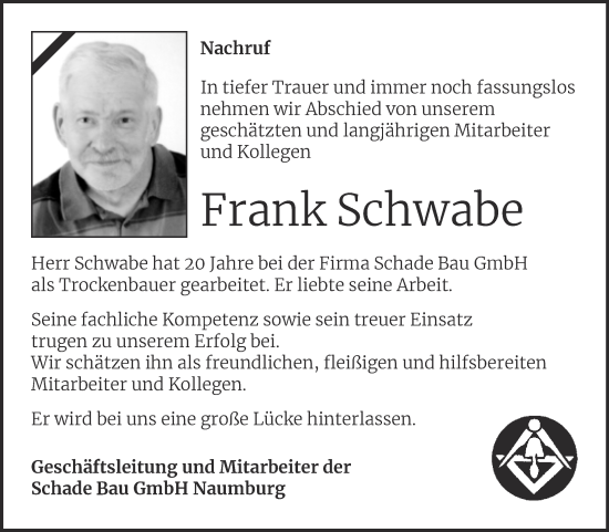 Traueranzeige von Frank Schwabe von Wochenspiegel Naumburg/Nebra