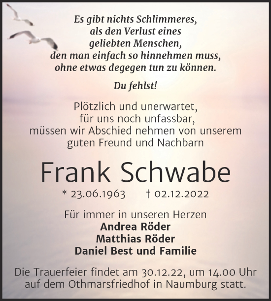 Traueranzeige von Frank Schwabe von Wochenspiegel Naumburg/Nebra