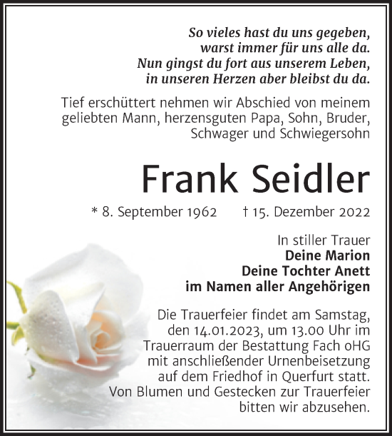 Traueranzeige von Frank Seidler von Trauerkombi Merseburg
