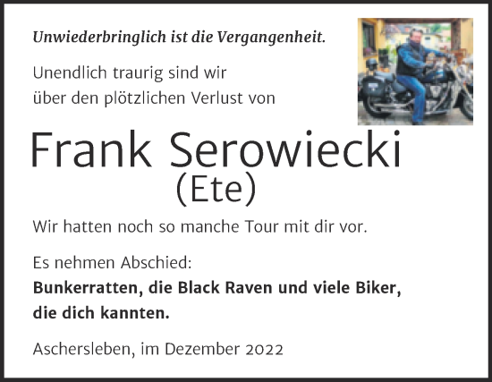 Traueranzeige von Frank Serowiecki von Trauerkombi Aschersleben