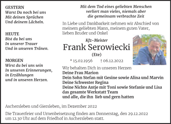 Traueranzeige von Frank Serowiecki von Trauerkombi Aschersleben