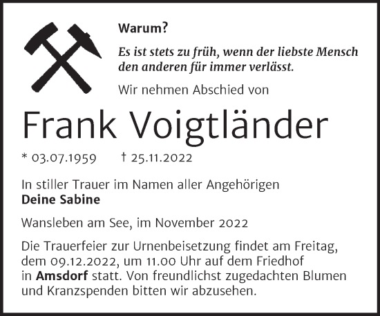 Traueranzeige von Frank Voigtländer von Trauerkombi Mansfelder Land