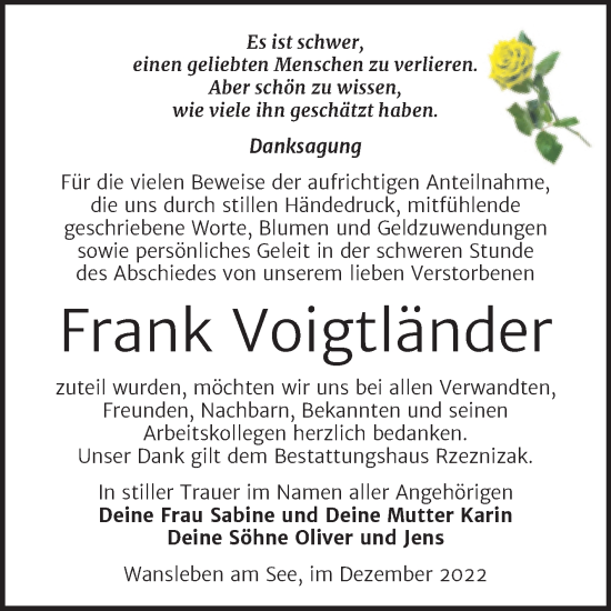 Traueranzeige von Frank Voigtländer von Trauerkombi Mansfelder Land