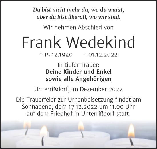 Traueranzeige von Frank Wedekind von Trauerkombi Mansfelder Land