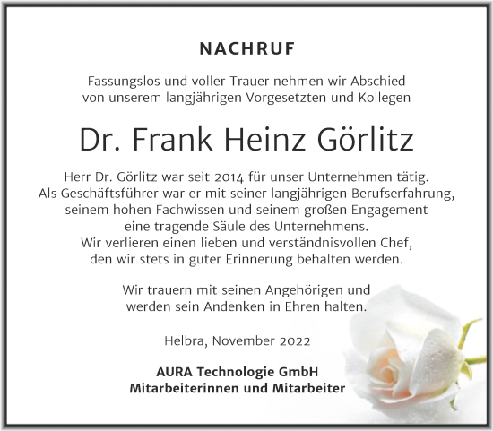 Traueranzeige von Frank Heinz Görlitz von Mitteldeutsche Zeitung Mansfelder Land