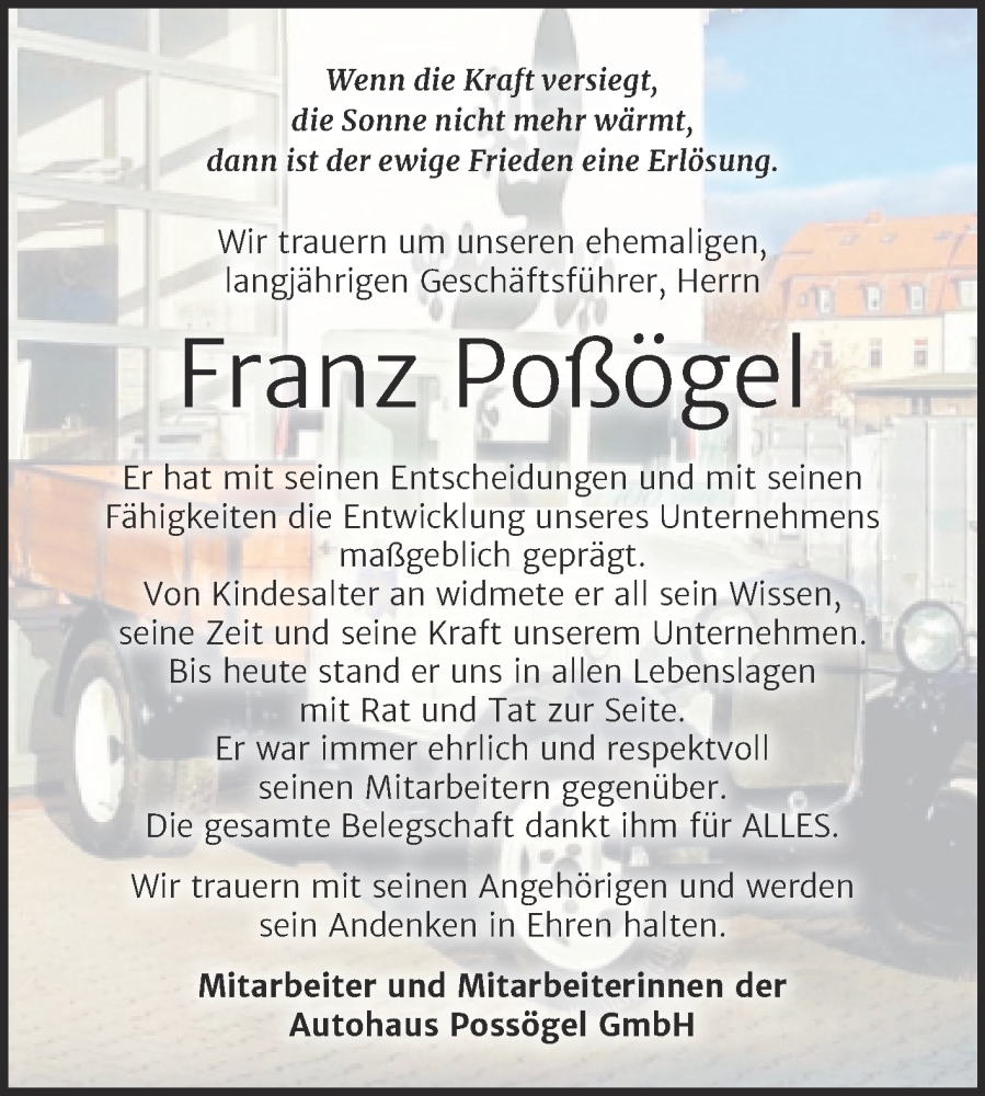  Traueranzeige für Franz Poßögel vom 31.12.2022 aus Naumburger Tageblatt