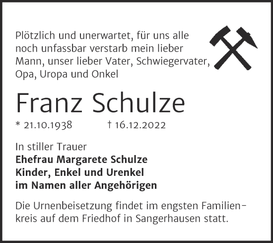 Traueranzeige von Franz Schulze von Trauerkombi Sangerhausen