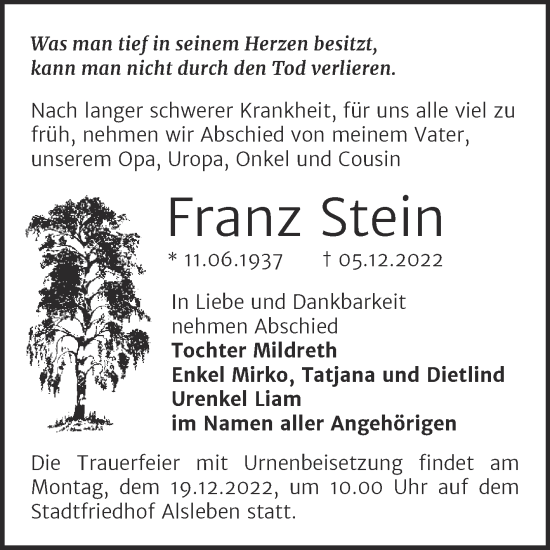 Traueranzeige von Franz Stein von Trauerkombi Bernburg