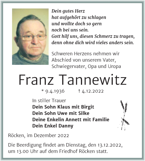 Traueranzeige von Franz Tannewitz von Trauerkombi Weißenfels