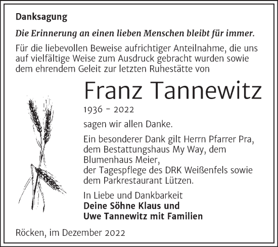 Traueranzeige von Franz Tannewitz von Trauerkombi Weißenfels