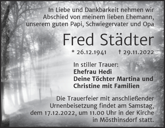 Traueranzeige von Fred Städter von Mitteldeutsche Zeitung Halle/Saalkreis