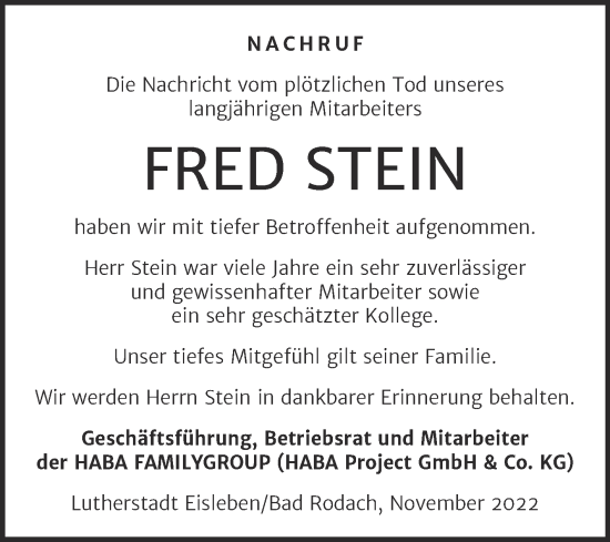 Traueranzeige von Fred Stein von Mitteldeutsche Zeitung Mansfelder Land