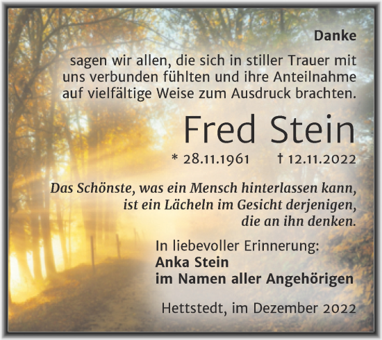 Traueranzeige von Fred Stein von Trauerkombi Mansfelder Land