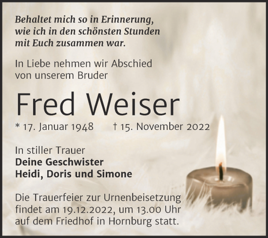 Traueranzeige von Fred Weiser von Trauerkombi Mansfelder Land