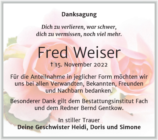 Traueranzeige von Fred Weiser von Trauerkombi Mansfelder Land