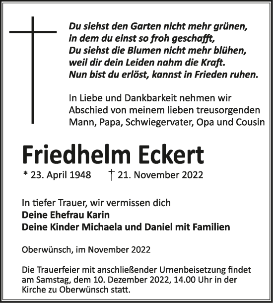 Traueranzeige von Friedhelm Eckert von Trauerkombi Merseburg