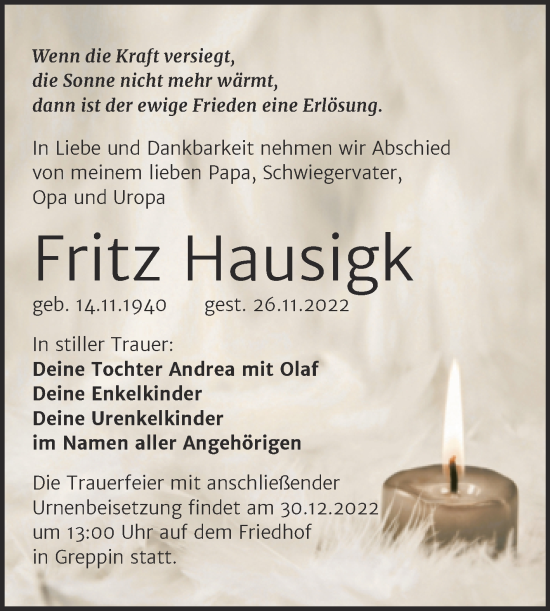Traueranzeige von Fritz Hausigk von Trauerkombi Bitterfeld