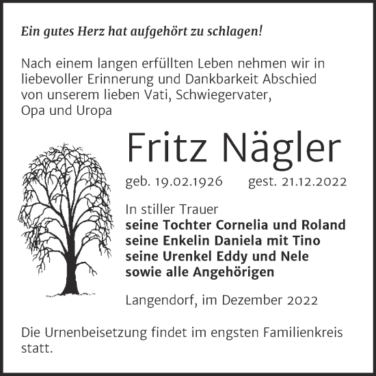 Traueranzeige von Fritz Nagler von Trauerkombi Zeitz