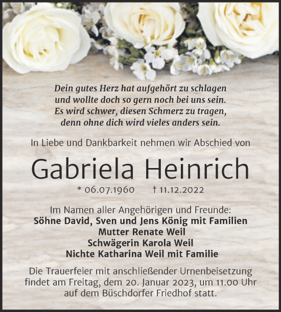 Traueranzeige von Gabriela Heinrich von Mitteldeutsche Zeitung Halle/Saalkreis