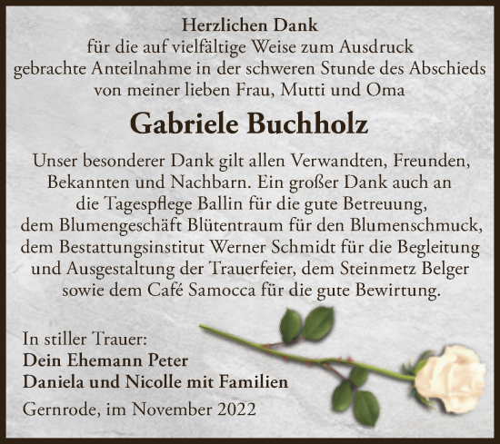Traueranzeige von Gabriele Buchholz von Trauerkombi Quedlinburg