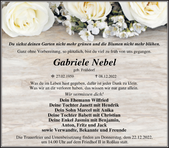 Traueranzeige von Gabriele Nebel von Trauerkombi Dessau