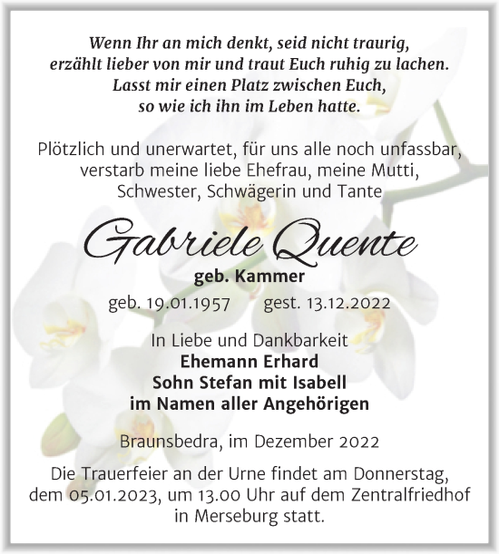 Traueranzeige von Gabriele Quente von Trauerkombi Merseburg