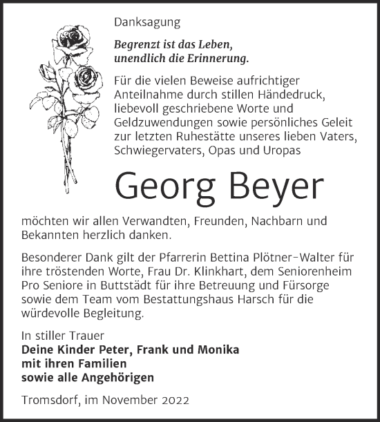 Traueranzeige von Georg Beyer von Wochenspiegel Naumburg/Nebra