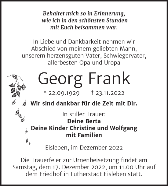 Traueranzeige von Georg Frank von Trauerkombi Mansfelder Land