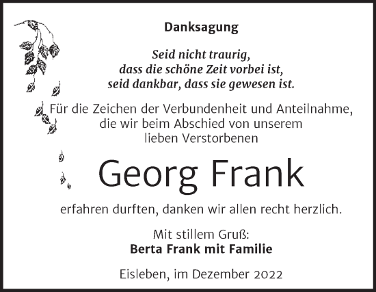 Traueranzeige von Georg Frank von Trauerkombi Mansfelder Land
