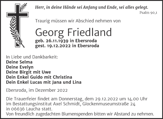 Traueranzeige von Georg Friedland von Naumburger Tageblatt