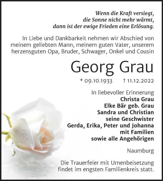Traueranzeige von Georg Grau von Naumburger Tageblatt