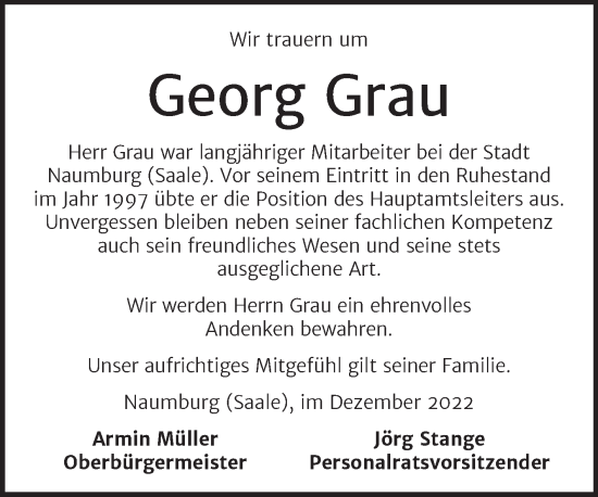 Traueranzeige von Georg Grau von Naumburger Tageblatt