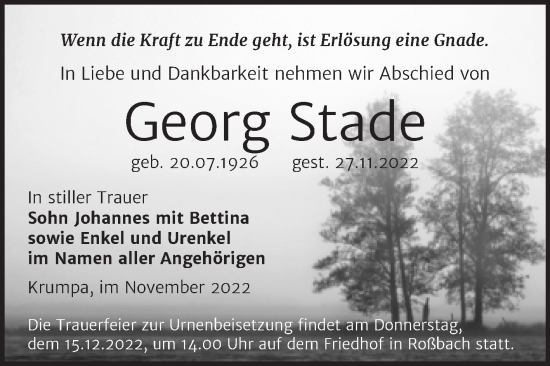 Traueranzeige von Georg Stade von Trauerkombi Merseburg