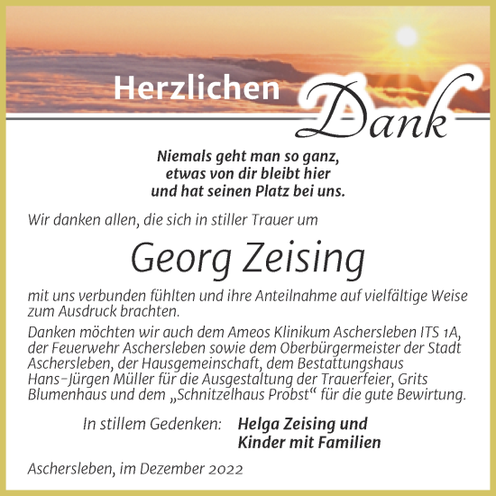 Traueranzeige von Georg Zeising von Trauerkombi Aschersleben