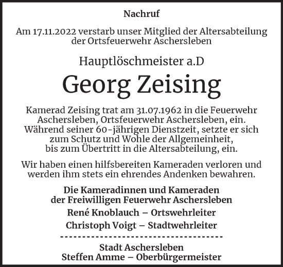 Traueranzeige von Georg Zeising von Wochenspiegel Aschersleben
